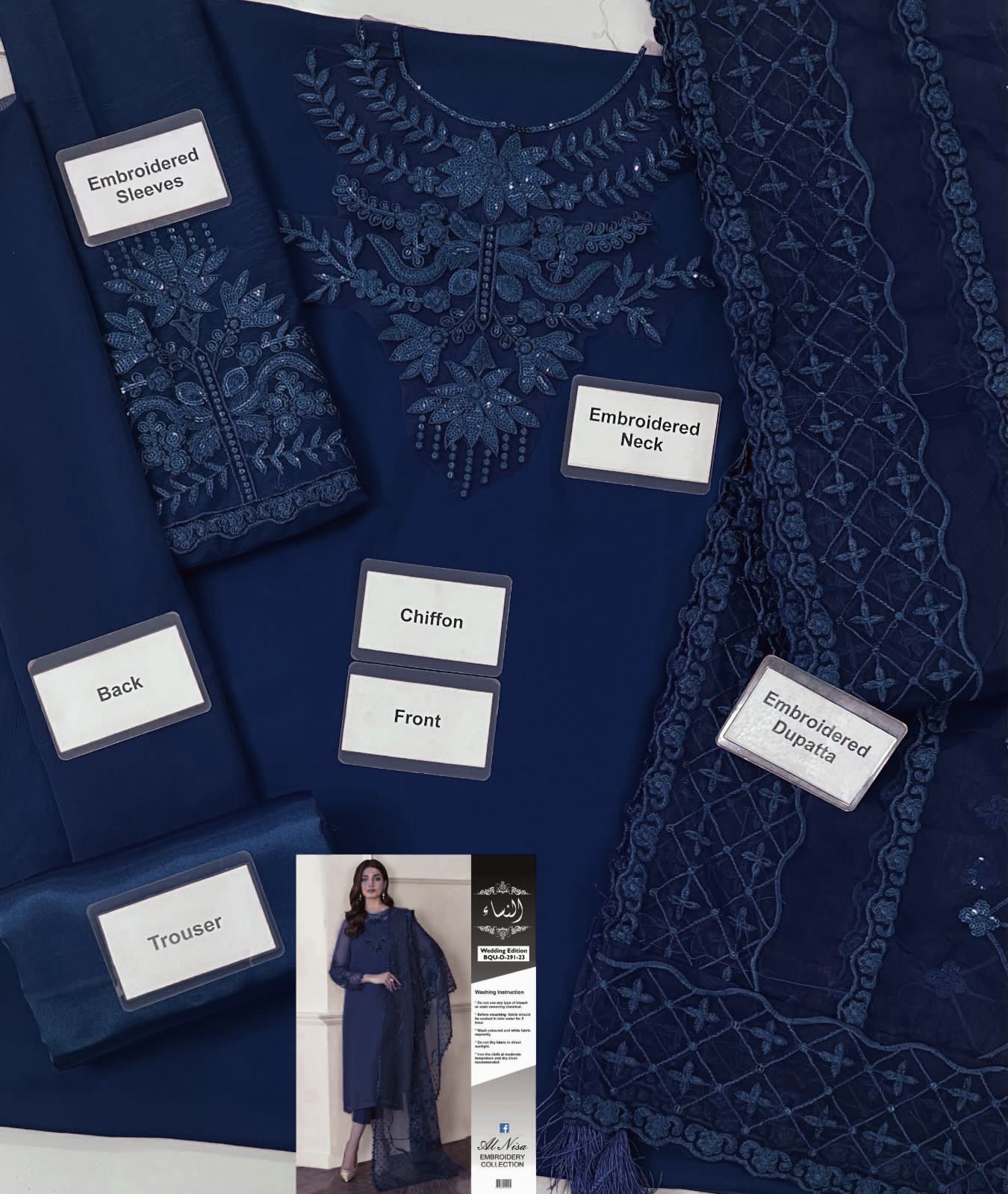 BAROQUE | CHIFFON 3 PIECE FULL HEAVY EMB SUIT FOR PARTY WEAR 2025 D291/292 NAVY BLUE
