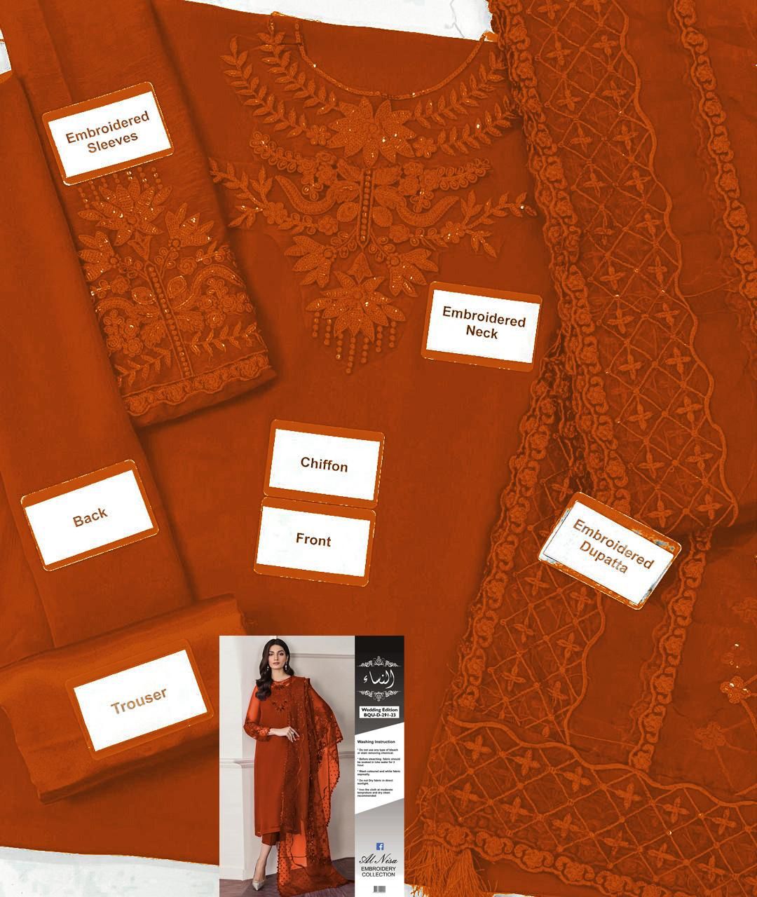 BAROQUE | CHIFFON 3 PIECE FULL HEAVY EMB SUIT FOR PARTY WEAR 2025 D291/292 ORANGE