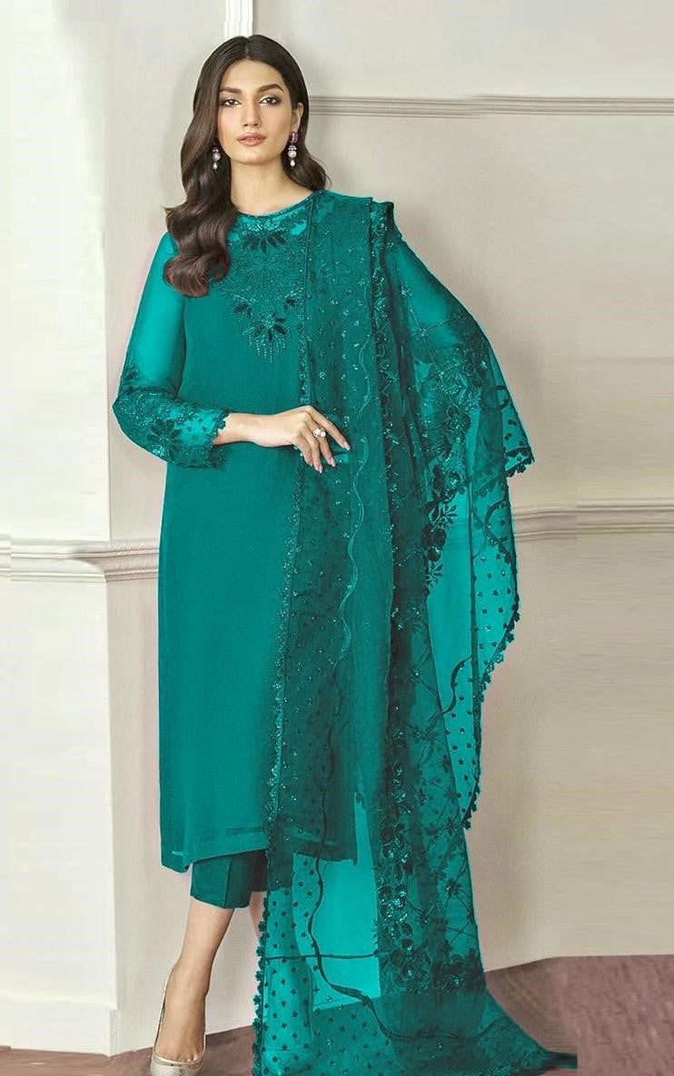 BAROQUE | CHIFFON 3 PIECE FULL HEAVY EMB SUIT FOR PARTY WEAR 2025 D291/292 GREEN