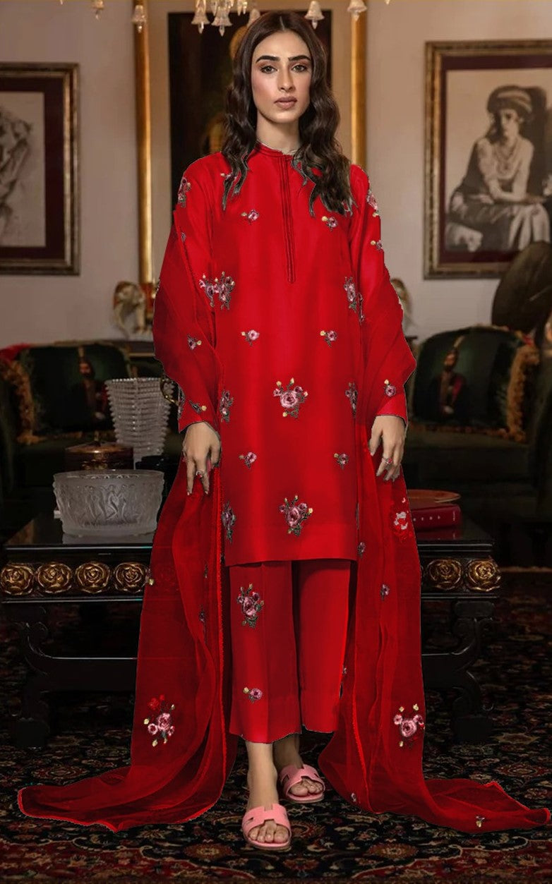 ZAINAB CHOTTANI | FANCY IMPORTED SHAMOOZ SILK 3 PIECE EMB UNSTICHED SUIT FOR WINTER 2025-2026 RED