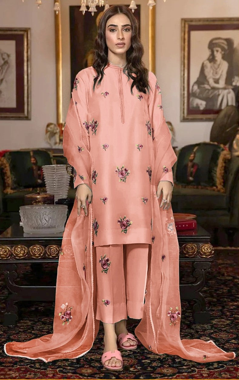 ZAINAB CHOTTANI | FANCY IMPORTED SHAMOOZ SILK 3 PIECE EMB UNSTICHED SUIT FOR WINTER 2025-2026 TEA PINK