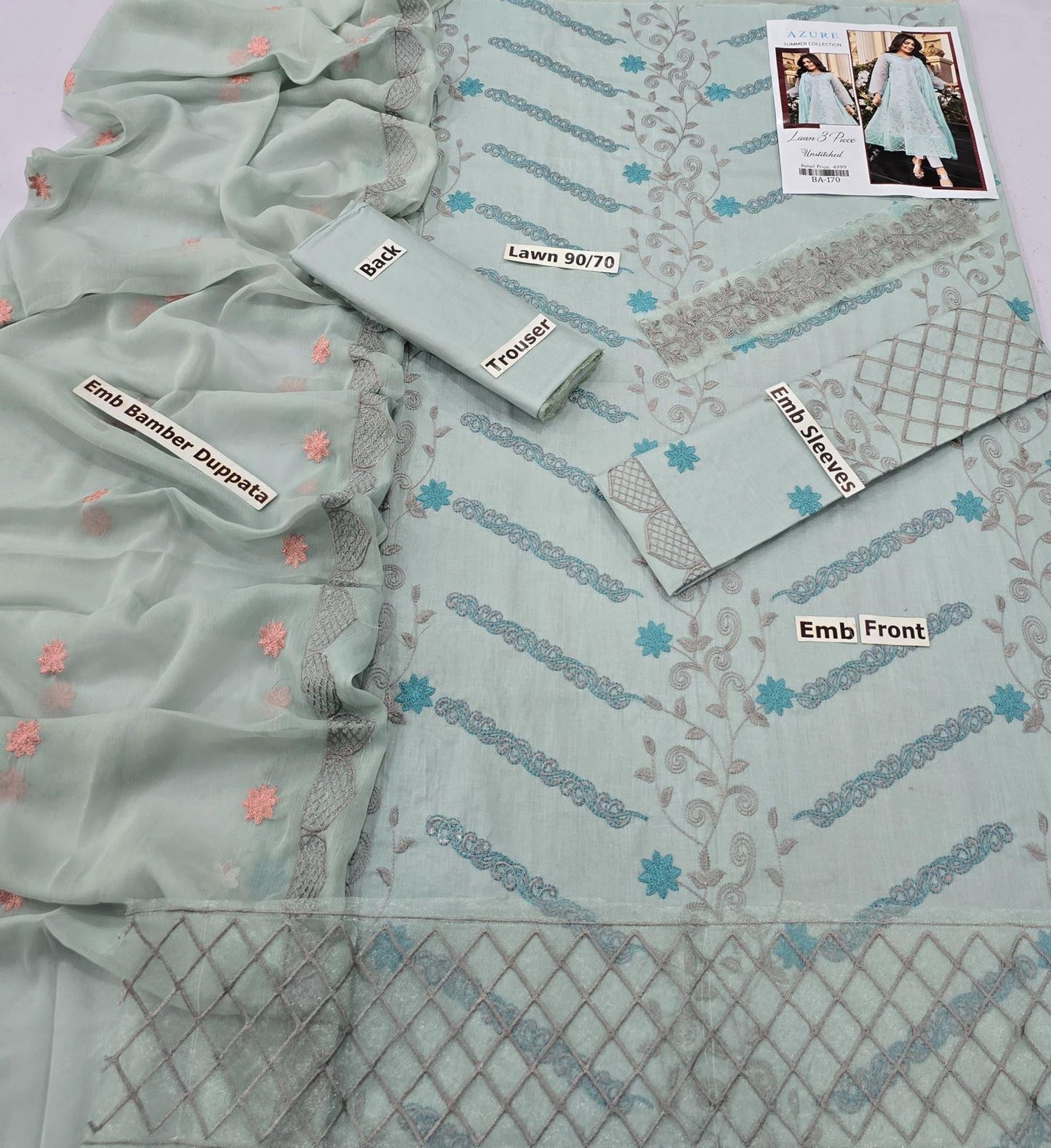 AZURE | LAWN 3 PIECE FULL HEAVY EMB UNSTICHED SUIT FOR SUMMER 2025