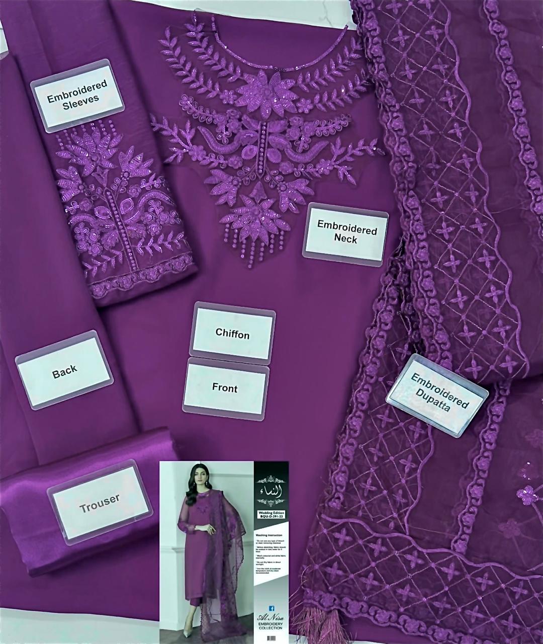 BAROQUE | CHIFFON 3 PIECE FULL HEAVY EMB SUIT FOR PARTY WEAR 2025 D291/292 PURPLE