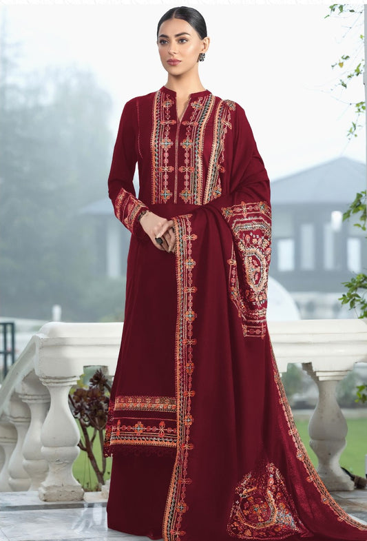 BAREEZE | DHANAK 3 PIECE UNSTICHED FULL HEAVY EMB SUIT WITH HEAVY EMB SHAWL FOR WINTER 2025-26 MAROON