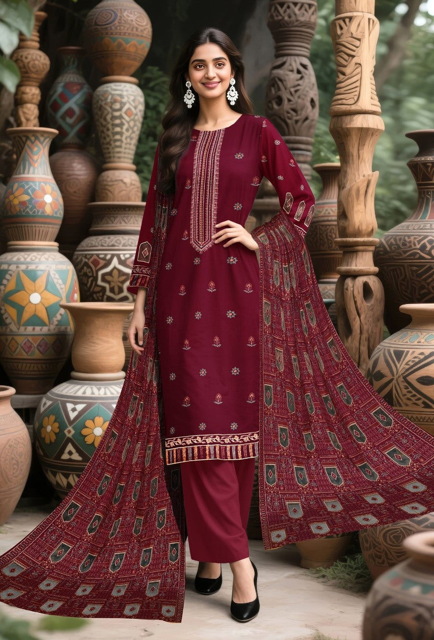 BAREEZE | DHANAK 3 PIECE UNSTICHED FULL HEAVY EMB SUIT WITH HEAVY EMB SHAWL FOR WINTER 2025-26