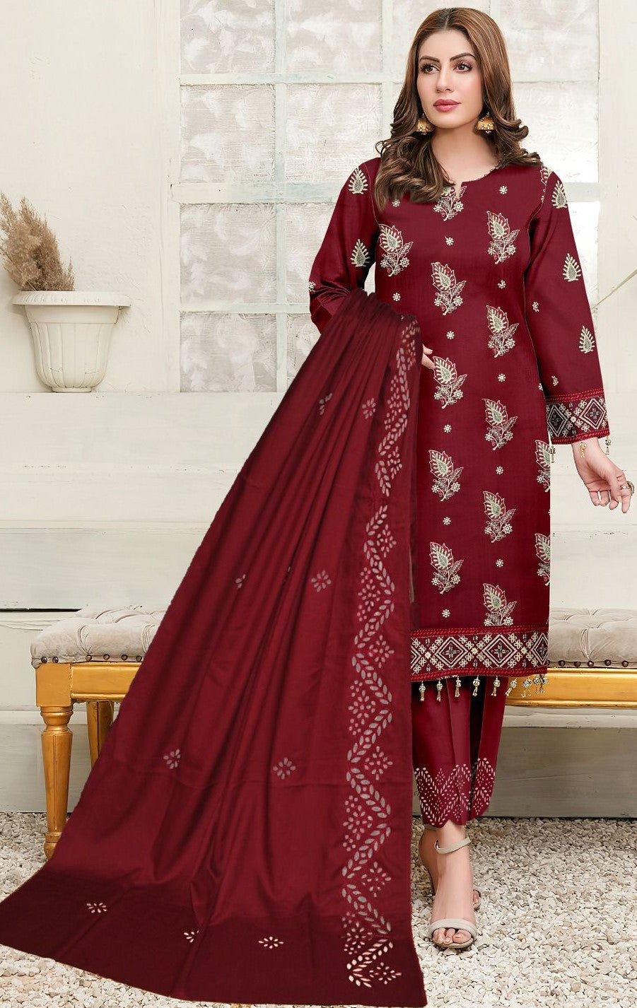 BAREEZE | DHANAK 3 PIECE UNSTICHED FULL HEAVY EMB SUIT WITH HEAVY EMB SHAWL FOR WINTER 2025-26 MAROON
