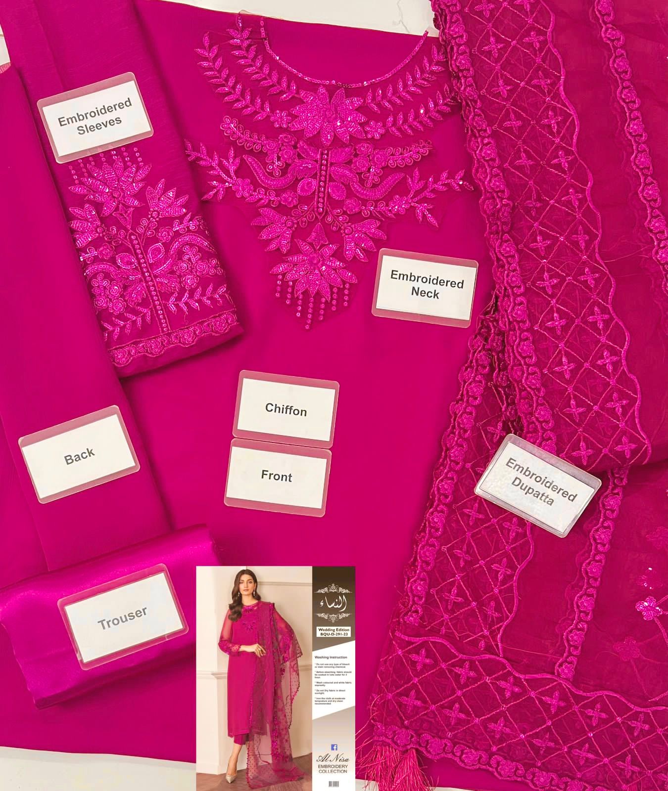 BAROQUE | CHIFFON 3 PIECE FULL HEAVY EMB SUIT FOR PARTY WEAR 2025 D291/292 PINK