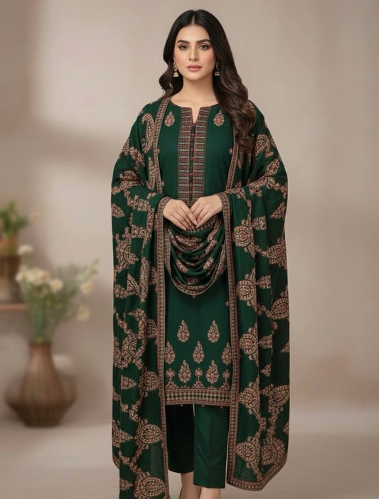 BAREEZE | DHANAK 3 PIECE UNSTICHED FULL HEAVY EMB SUIT WITH HEAVY EMB SHAWL FOR WINTER 2025-26