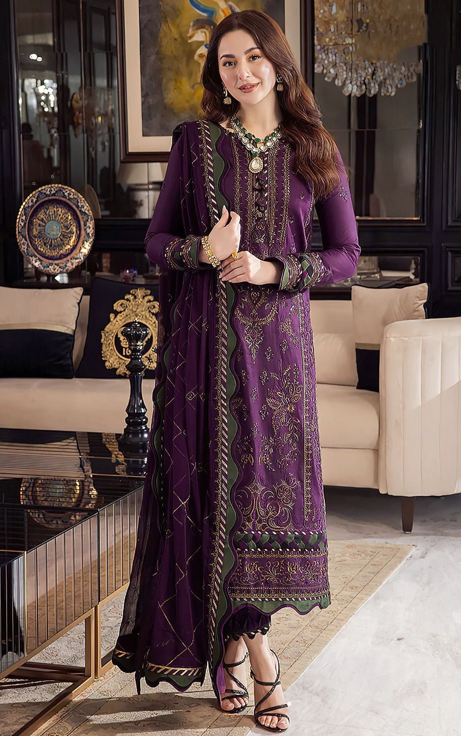 ASIM JOFA  | DHANAK 3 PIECE UNSTICHED FULL HEAVY EMB SUIT WITH HEAVY EMB SHAWL FOR WINTER 2025-26