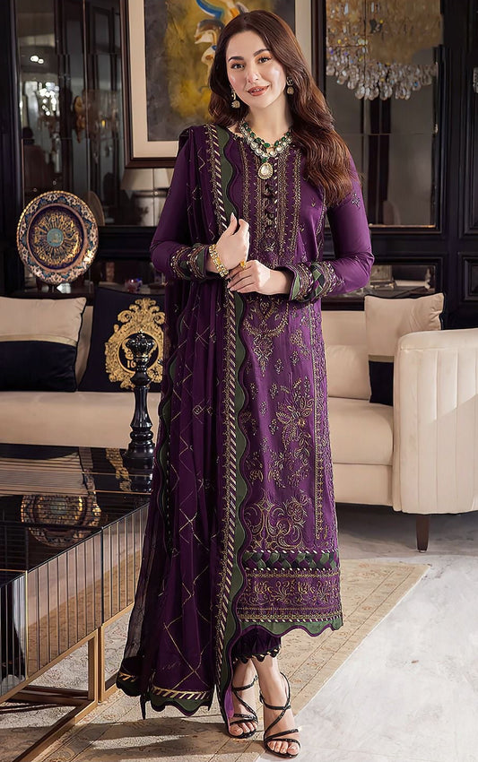 ASIM JOFA  | DHANAK 3 PIECE UNSTICHED FULL HEAVY EMB SUIT WITH HEAVY EMB SHAWL FOR WINTER 2025-26