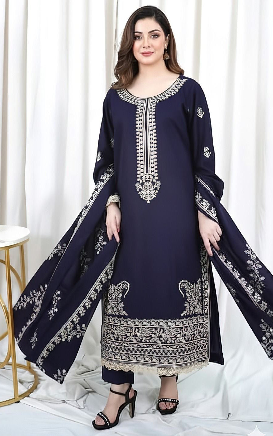 HUSSAIN REHAR| DHANAK 3 PIECE UNSTICHED FULL HEAVY EMB SUIT WITH HEAVY EMB SHAWL FOR WINTER 2025-26
