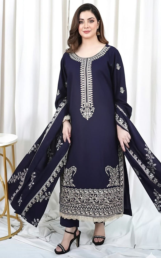 HUSSAIN REHAR| DHANAK 3 PIECE UNSTICHED FULL HEAVY EMB SUIT WITH HEAVY EMB SHAWL FOR WINTER 2025-26