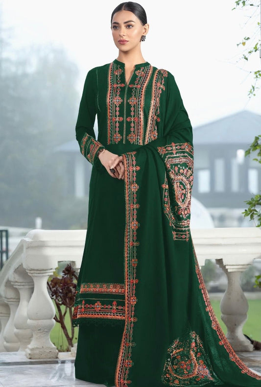 BAREEZE | DHANAK 3 PIECE UNSTICHED FULL HEAVY EMB SUIT WITH HEAVY EMB SHAWL FOR WINTER 2025-26 GREEN