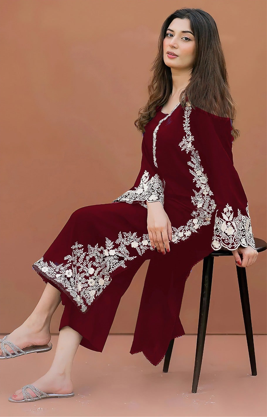 ZAINAB CHUTANI | LAWN 2 PC FULL HEAVY EMB SUIT FOR SUMMER 2026 MAROON