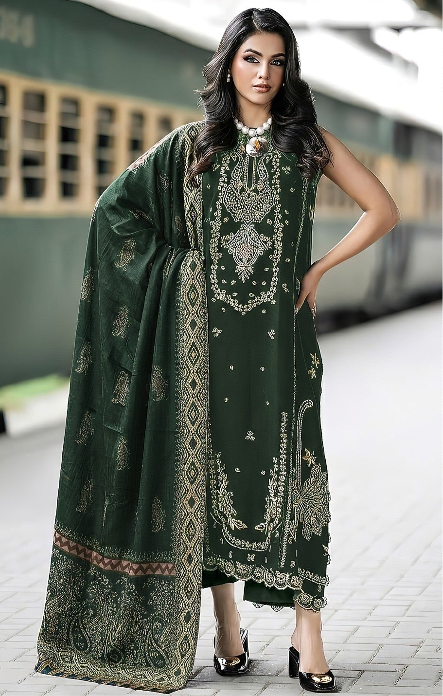 IZEL | LAWN 3 PIECE UNSTICHED FULL HEAVY EMB SUIT WITH READY TO WEAR CUTTWORK DUBATA FOR SUMMER 2026