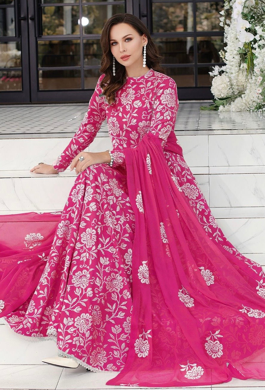 BAREEZE | LAWN 3 PIECE UNSTICHED FULL HEAVY EMB SUIT WITH BAMBER SHAFFUN DUBATA FOR SUMMER 2026 DEEP PINK