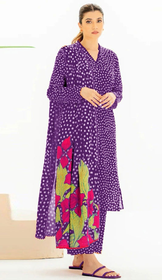 Cross Stitch |All Over 3 Piece Print Suit in Shamooz Silk Fabric For Summer 2024-2025 Plum