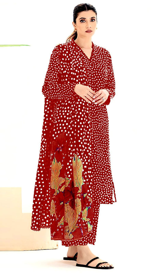 Cross Stitch |All Over 3 Piece Print Suit In Shamooz Silk For Summer 2024-2025 Maroon