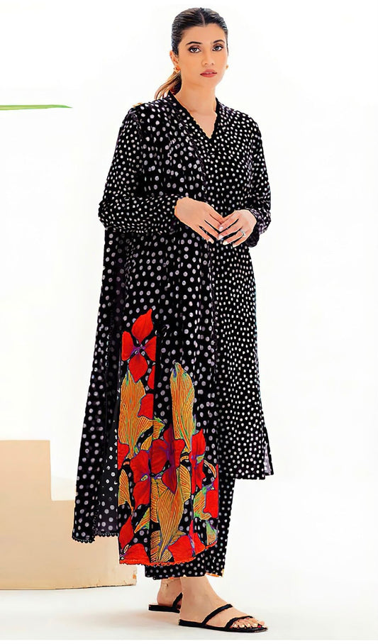 CROSS STICH | ALL OVER 3 PIECE PRINT SUIT IN KARANDI FABRIC FOR WINTER 2024-2025 BLACK