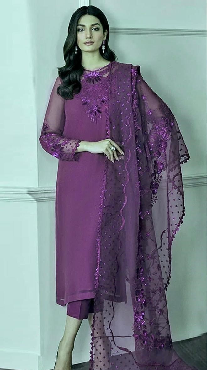 BAROQUE | CHIFFON 3 PIECE FULL HEAVY EMB SUIT FOR PARTY WEAR 2025 D291/292 PURPLE