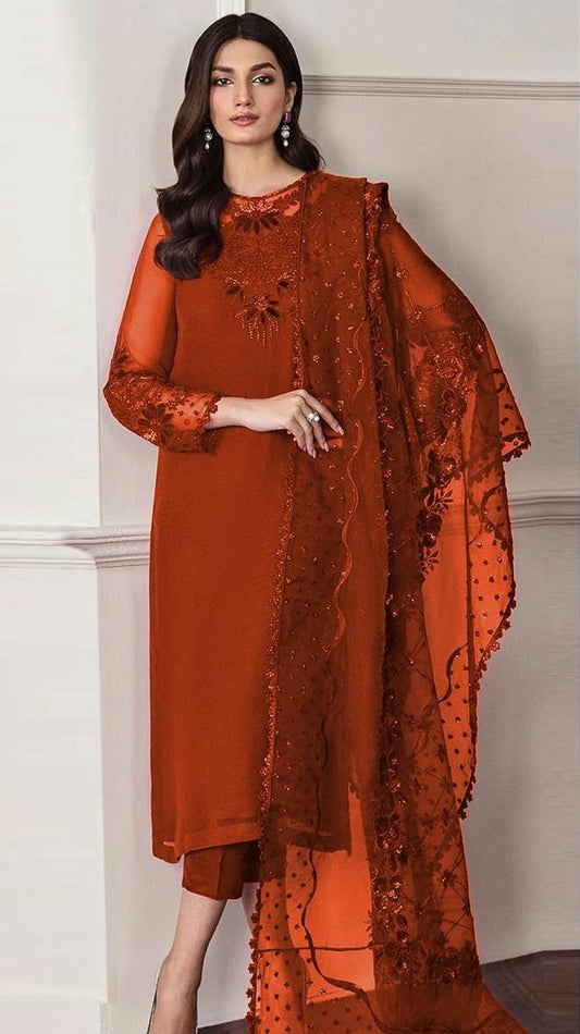 BAROQUE | CHIFFON 3 PIECE FULL HEAVY EMB SUIT FOR PARTY WEAR 2025 D291/292 ORANGE