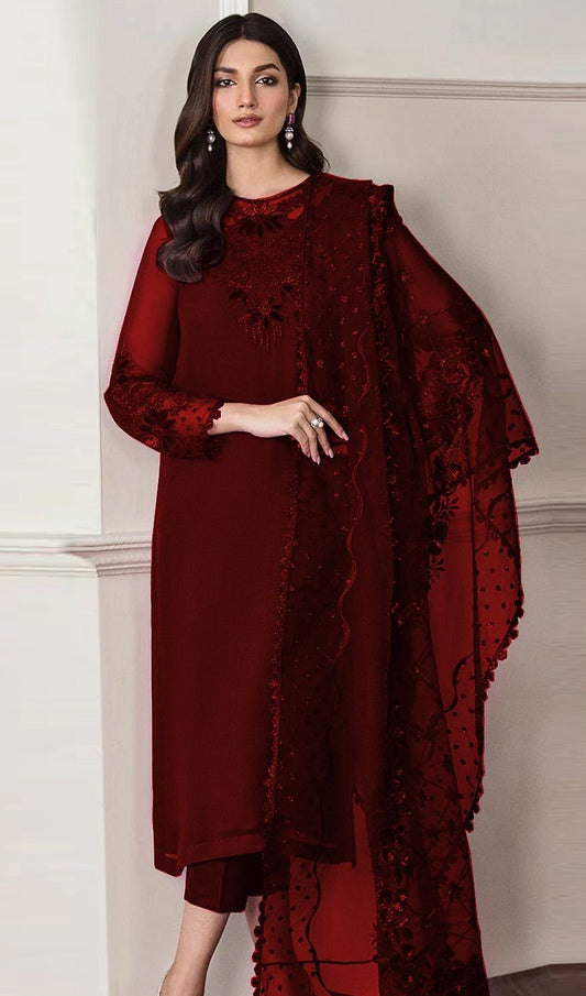 BAROQUE | CHIFFON 3 PIECE FULL HEAVY EMB SUIT FOR PARTY WEAR 2025 D291/292 MAROON