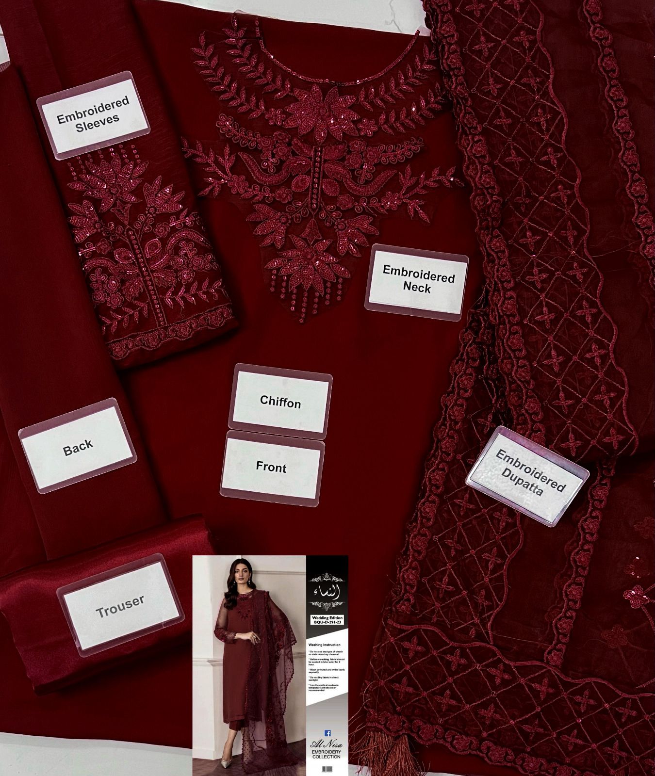 BAROQUE | CHIFFON 3 PIECE FULL HEAVY EMB SUIT FOR PARTY WEAR 2025 D291/292 MAROON