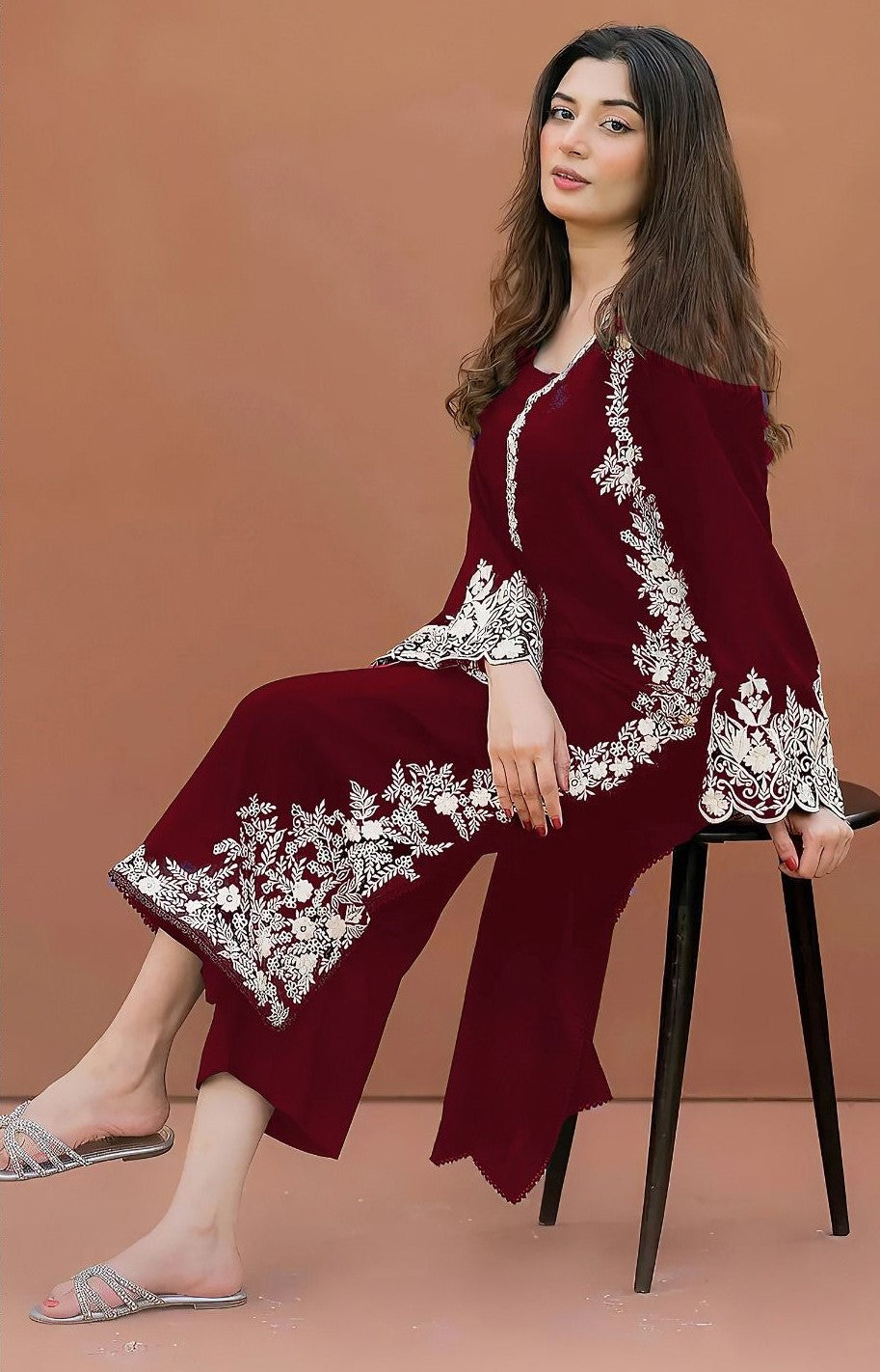 ZAINAB CHOTTANI | LAWN 2 PIECE UNSTICHED FULL HEAVY EMB SUIT FOR SUMMER 2025 MAROON