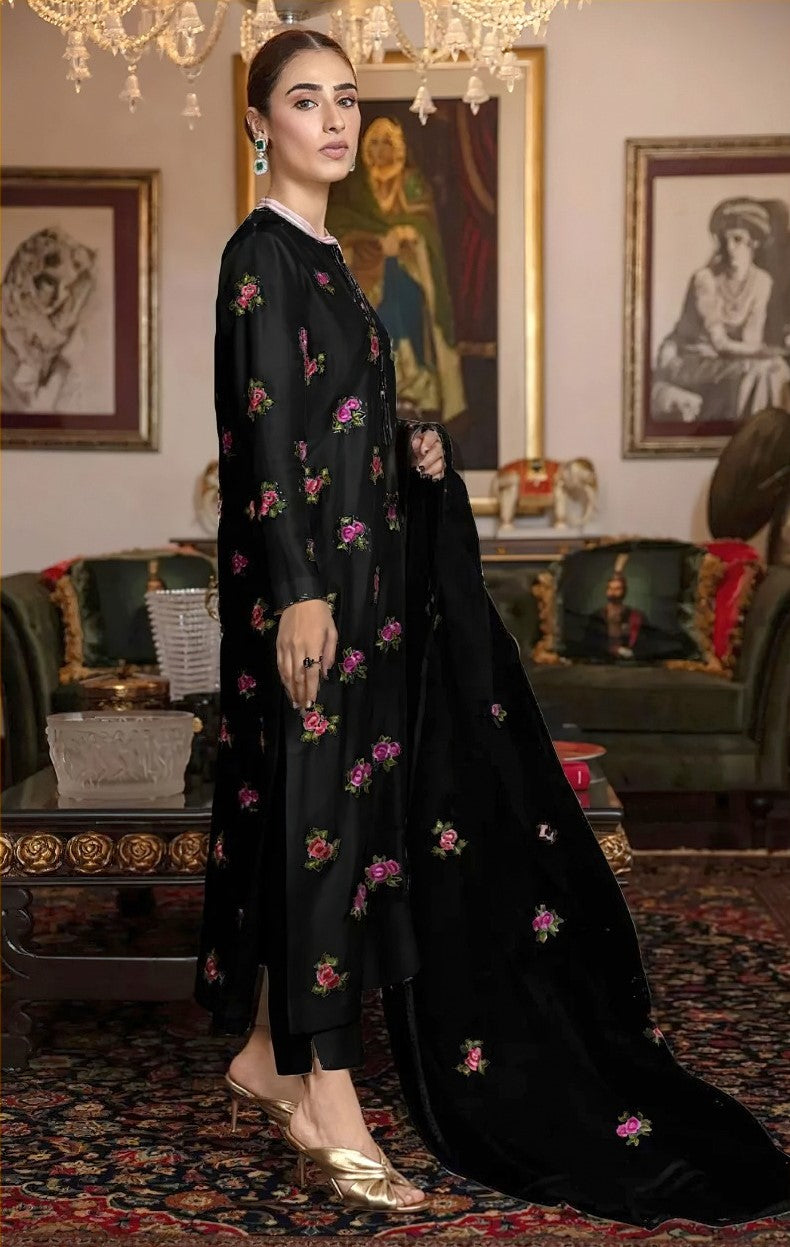 ZAINAB CHOTTANI | FANCY IMPORTED SHAMOOZ SILK 3 PIECE EMB UNSTICHED SUIT FOR WINTER 2025-2026 BLACK