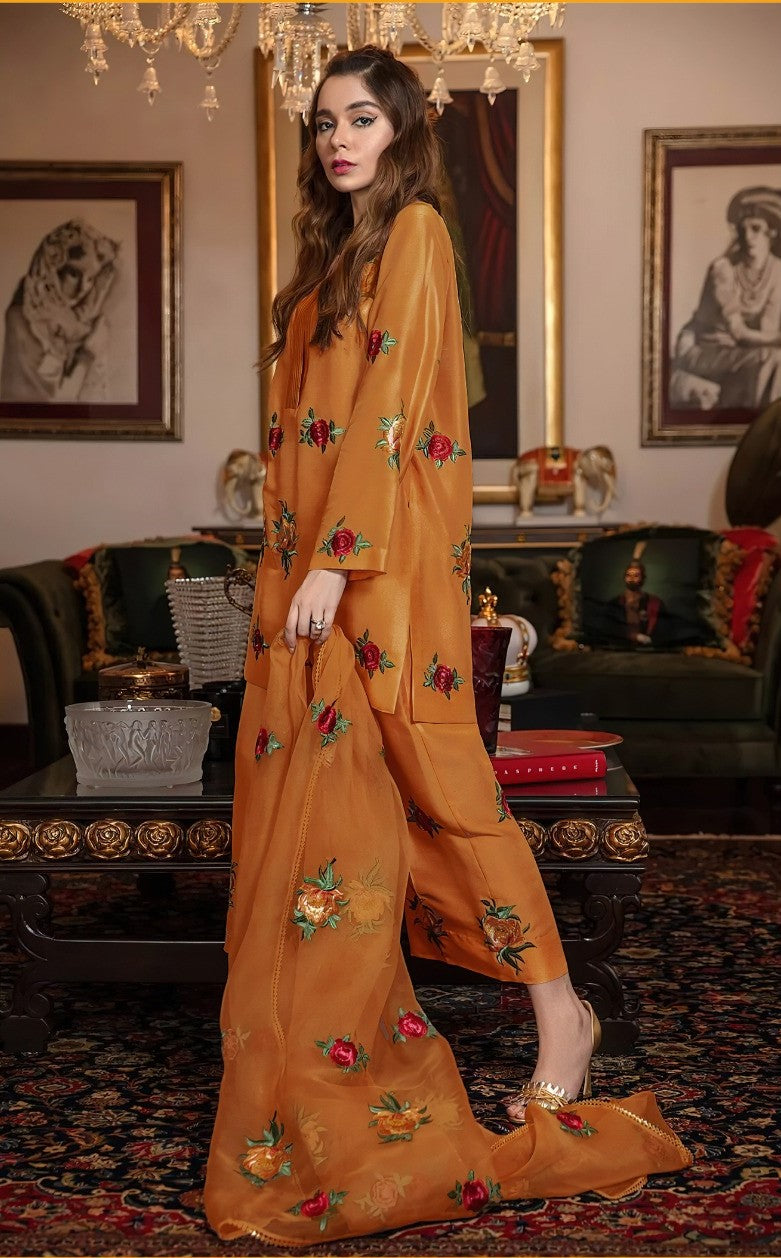 ZAINAB CHOTTANI | FANCY IMPORTED SHAMOOZ SILK 3 PIECE EMB UNSTICHED SUIT FOR WINTER 2025-2026 ORANGE