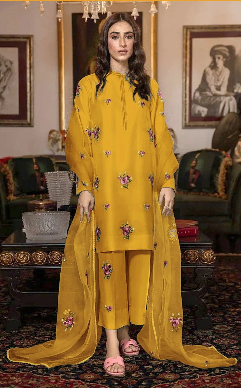 ZAINAB CHOTTANI | FANCY IMPORTED SHAMOOZ SILK 3 PIECE EMB UNSTICHED SUIT FOR WINTER 2025-2026 YELLOW