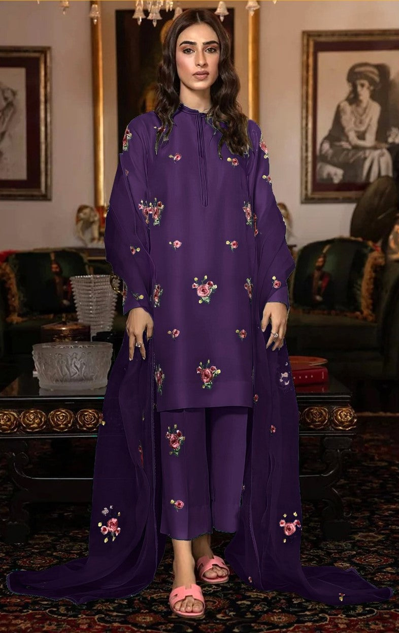 ZAINAB CHOTTANI | FANCY IMPORTED SHAMOOZ SILK 3 PIECE EMB UNSTICHED SUIT FOR WINTER 2025-2026 PURPLE