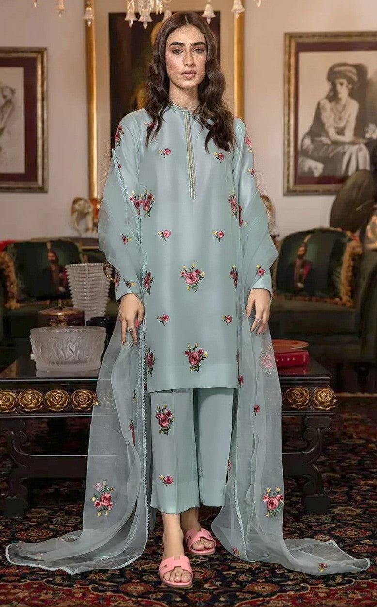 ZAINAB CHOTTANI | FANCY IMPORTED SHAMOOZ SILK 3 PIECE EMB UNSTICHED SUIT FOR WINTER 2025-2026 GREY