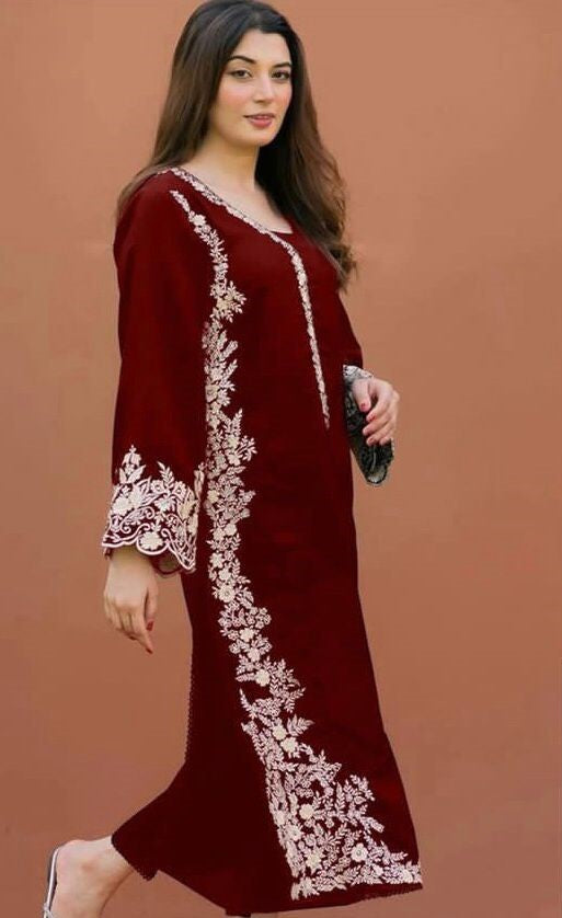 ASLIN | DHANAK 2 PIECE FULL HEAVY EMB SUIT FOR WINTER 2024-2025 MAROON