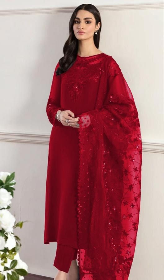 BAROQUE | CHIFFON 3 PIECE FULL HEAVY EMB SUIT FOR PARTY WEAR 2025 D291/292 RED