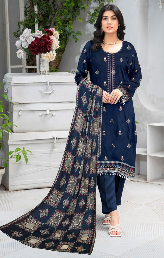 MUSHQ | DHANAK 3 PIECE UNSTICHED FULL HEAVY EMB SUIT WITH HEAVY EMB SHAWL FOR WINTER 2025-26 NAVY BLUE