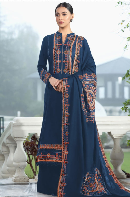 BAREEZE | DHANAK 3 PIECE UNSTICHED FULL HEAVY EMB SUIT WITH HEAVY EMB SHAWL FOR WINTER 2025-26 BLUE