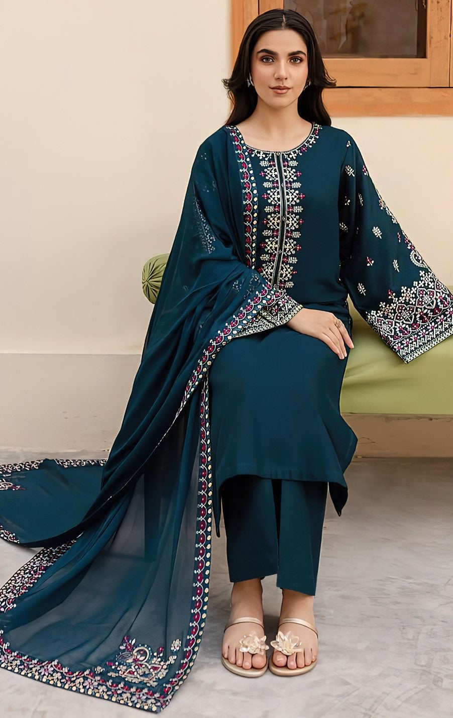 MARIA.B | DHANAK 3 PIECE UNSTICHED FULL HEAVY EMB SUIT WITH HEAVY EMB SHAWL FOR WINTER 2025-26