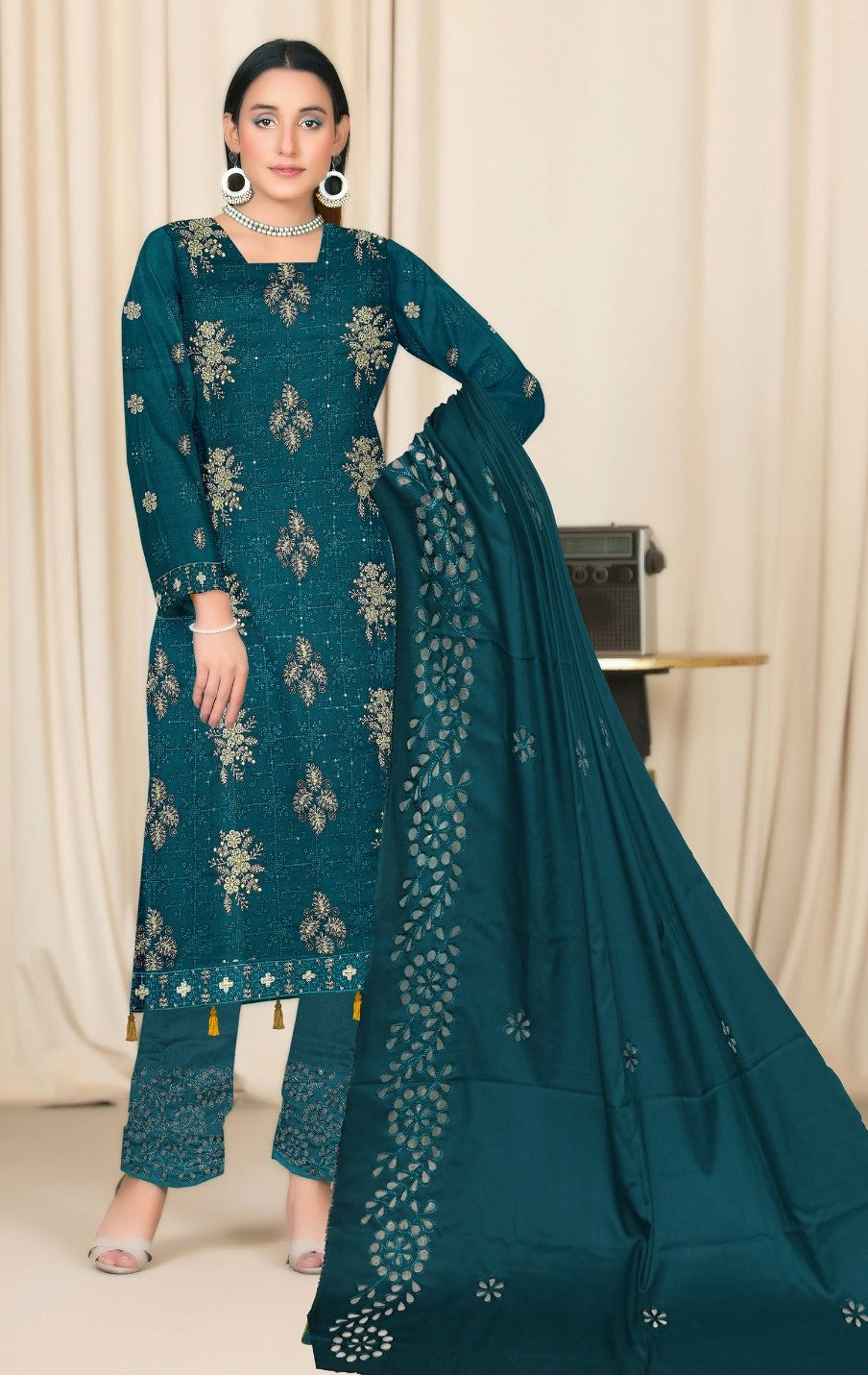 BAREEZE | DHANAK 3 PIECE UNSTICHED FULL HEAVY EMB SUIT WITH HEAVY EMB SHAWL FOR WINTER 2025-26