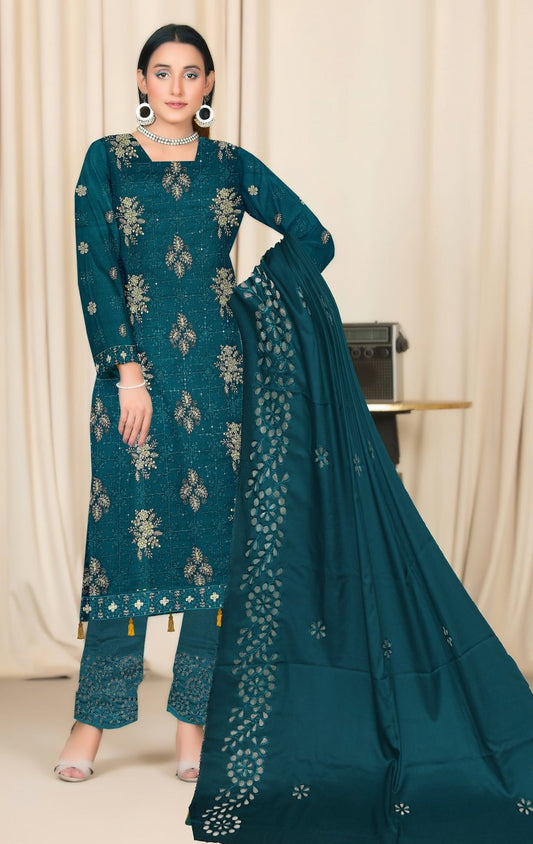 BAREEZE | DHANAK 3 PIECE UNSTICHED FULL HEAVY EMB SUIT WITH HEAVY EMB SHAWL FOR WINTER 2025-26