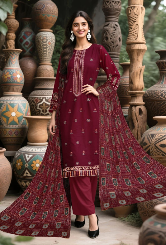 BAREEZE | DHANAK 3 PIECE UNSTICHED FULL HEAVY EMB SUIT WITH HEAVY EMB SHAWL FOR WINTER 2025-26