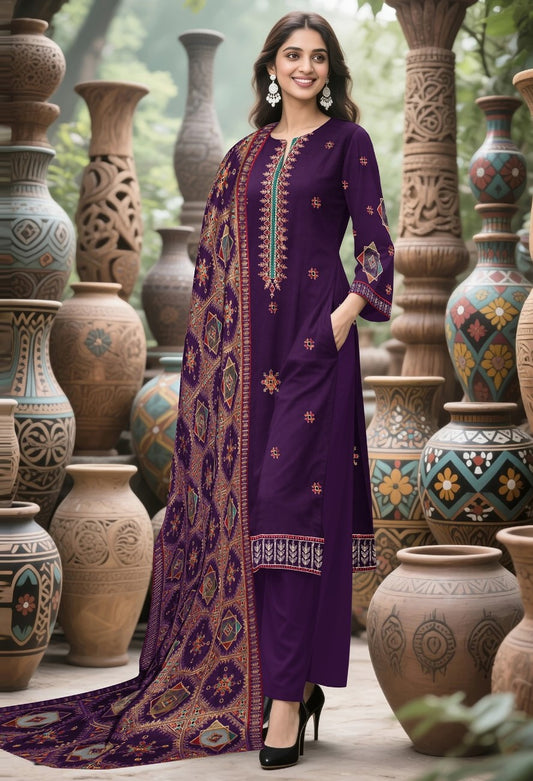 BAREEZE | DHANAK 3 PIECE UNSTICHED FULL HEAVY EMB SUIT WITH HEAVY EMB SHAWL FOR WINTER 2025-26