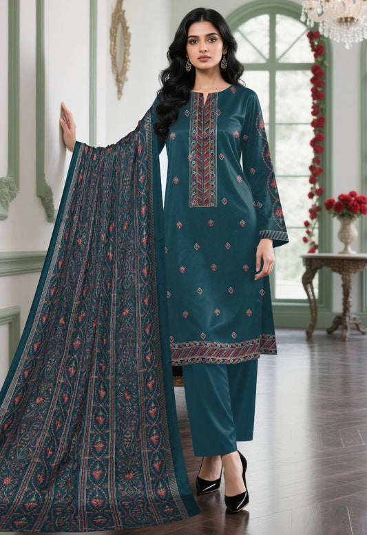 BAREEZE | DHANAK 3 PIECE UNSTICHED FULL HEAVY EMB SUIT WITH HEAVY EMB SHAWL FOR WINTER 2025-26