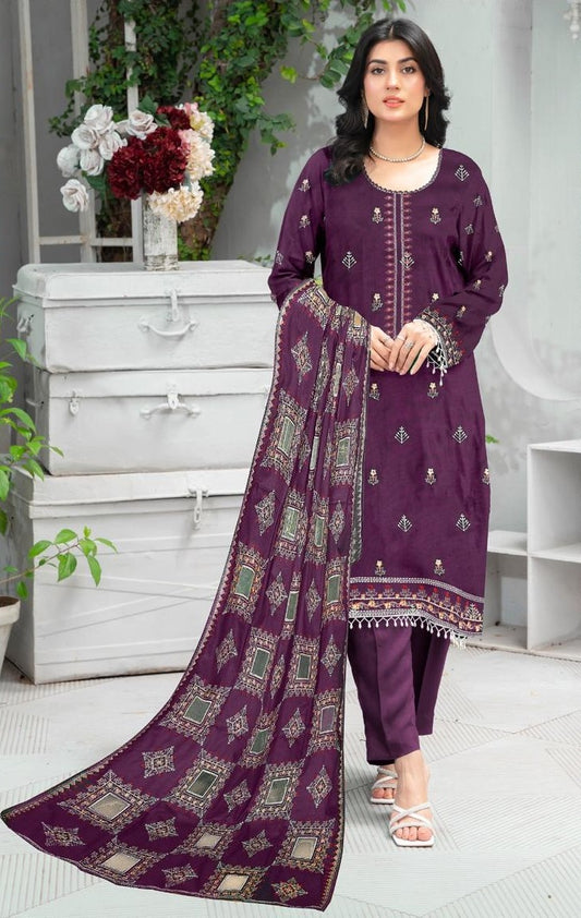 MUSHQ | DHANAK 3 PIECE UNSTICHED FULL HEAVY EMB SUIT WITH HEAVY EMB SHAWL FOR WINTER 2025-26 PURPLE
