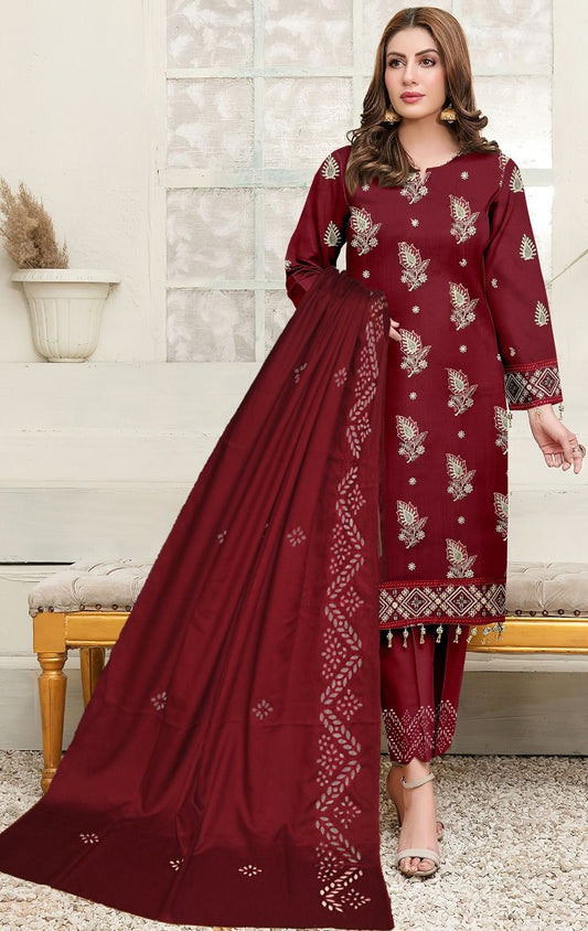 BAREEZE | DHANAK 3 PIECE UNSTICHED FULL HEAVY EMB SUIT WITH HEAVY EMB SHAWL FOR WINTER 2025-26 MAROON