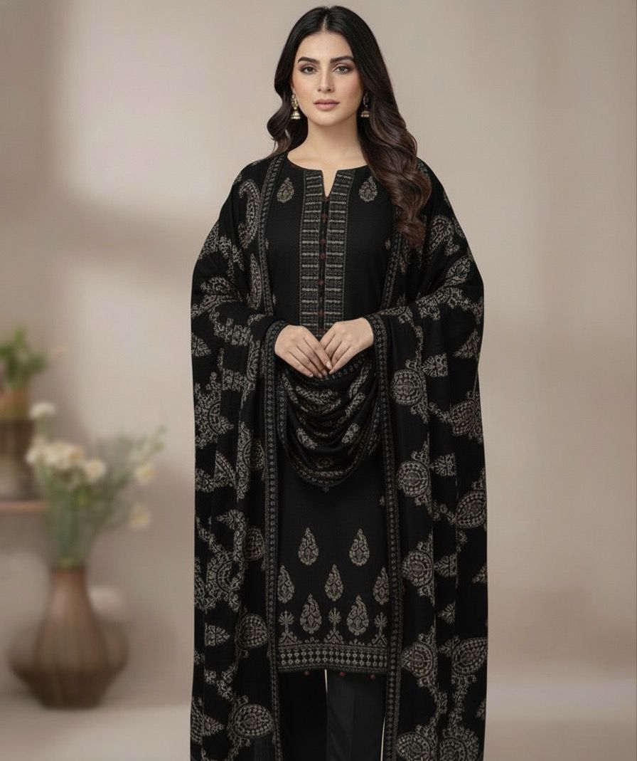 BAREEZE | DHANAK 3 PIECE UNSTICHED FULL HEAVY EMB SUIT WITH HEAVY EMB SHAWL FOR WINTER 2025-26 BLACK