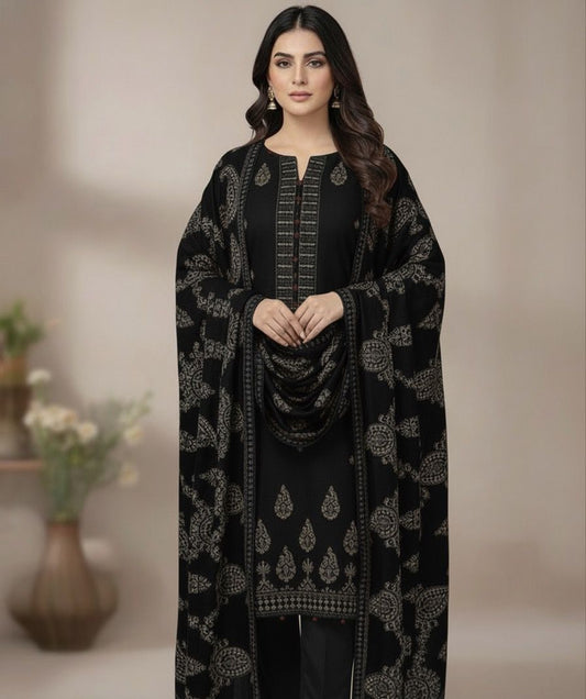 BAREEZE | DHANAK 3 PIECE UNSTICHED FULL HEAVY EMB SUIT WITH HEAVY EMB SHAWL FOR WINTER 2025-26 BLACK